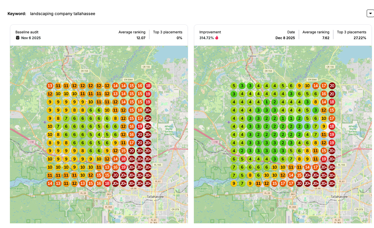 Google Maps ranking results after local SEO optimization for a home service company