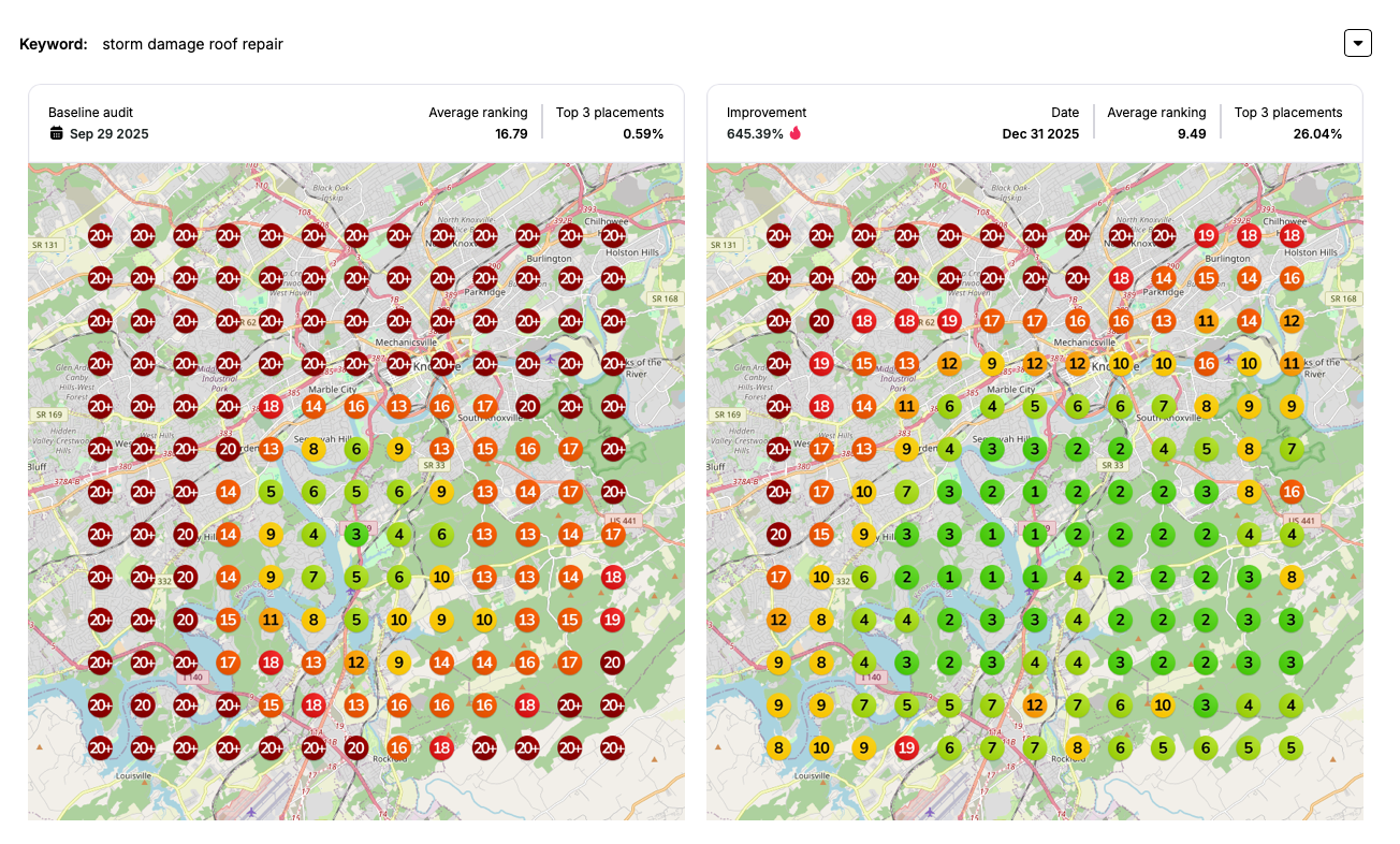 Local search performance results for a home service business client